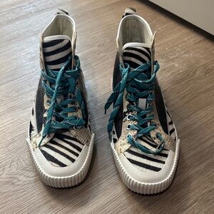 Jimmy Choo Black & White Zebra-Print High-Top Sneakers with Teal Laces